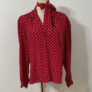 70s 80s Lady Manhattan Red Satin Polka Dot Tie-Neck Sz 14 Button Up‎ Long Sleeve